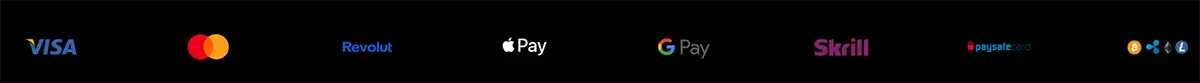 Payment methods bar with Visa, Mastercard, Revolut, Apple Pay, Google Pay, Skrill, Paysafecard and cryptocurrency icons