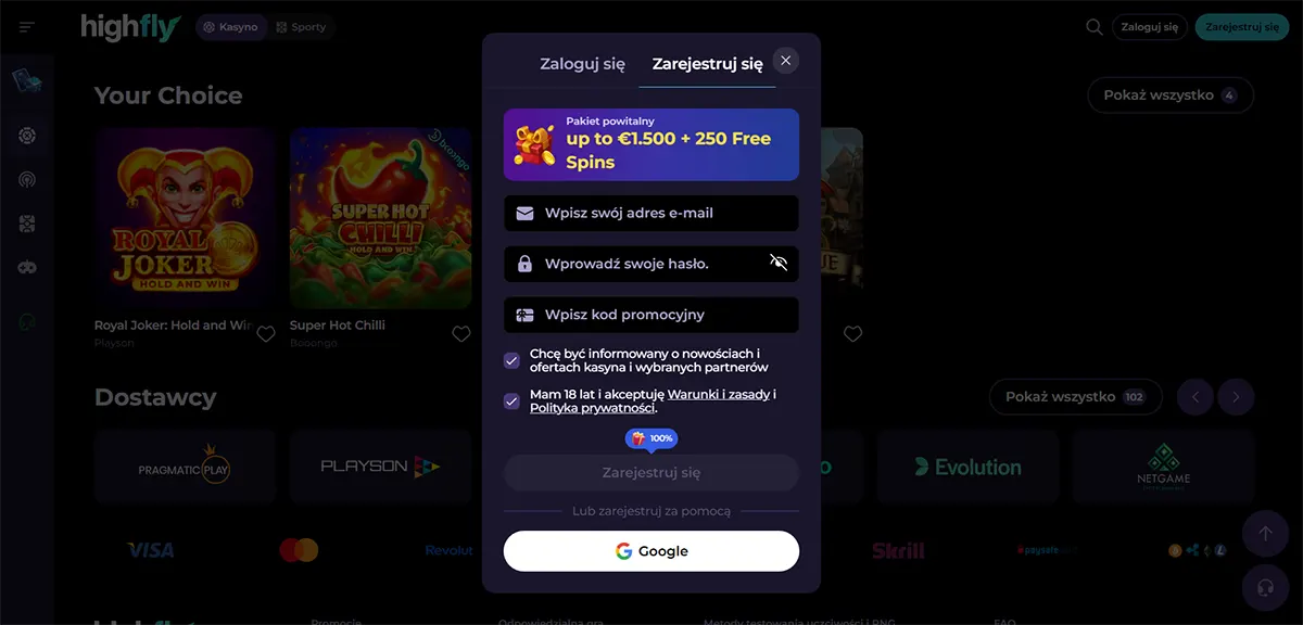 High Fly Bet sign up popup in Polish with email, password, promo code fields and welcome bonus banner